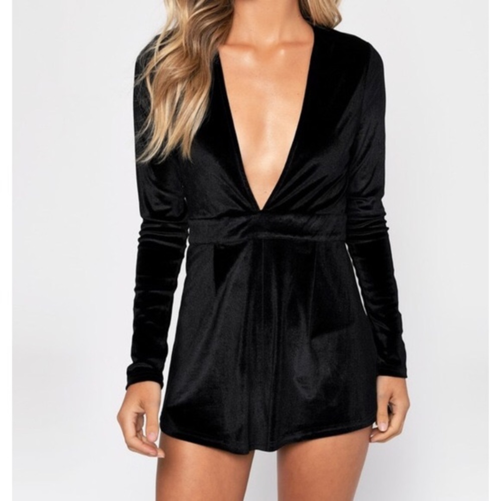 NWT: Black low cut velvet Tobi night out romper